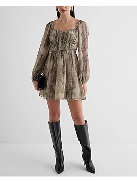 Express Dresses & Skirts - Express Snake Print Smocked Long Sleeve Dress Size XS NWT Brown